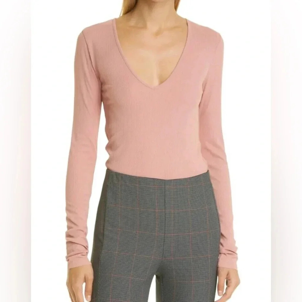 rag & bone Blush Pink Ribbed V-Neck Long Sleeve Top